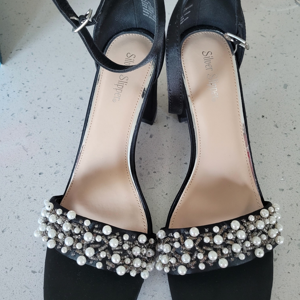 Silver Slipper Black Pearl Embellished Heels